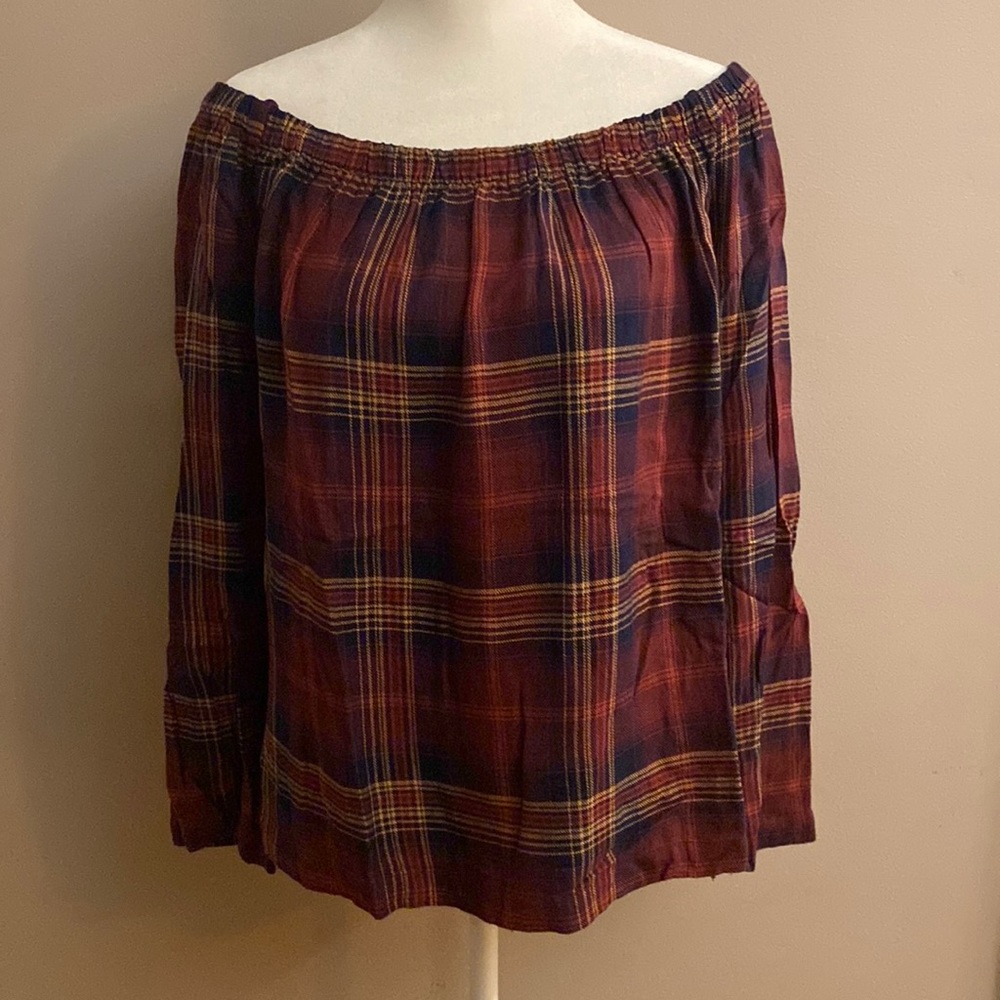 Anthropologie Cloth and Stone Homestead Plaid Off The Shoulder Top